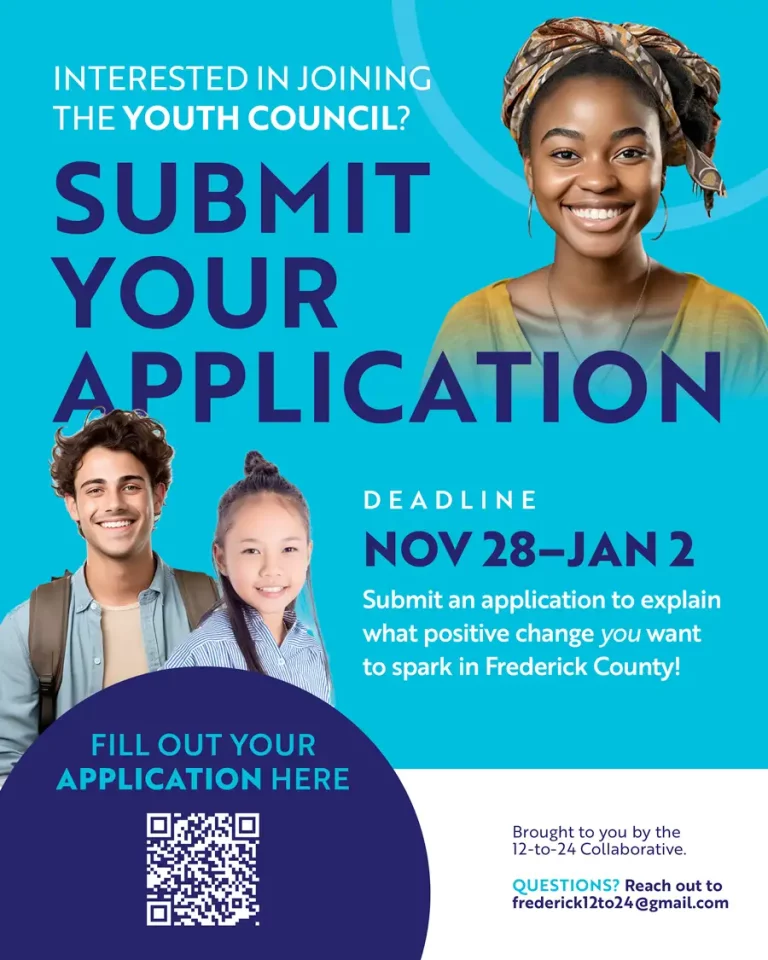 Three diverse teens inviting other teens to join the Frederick Youth Council.